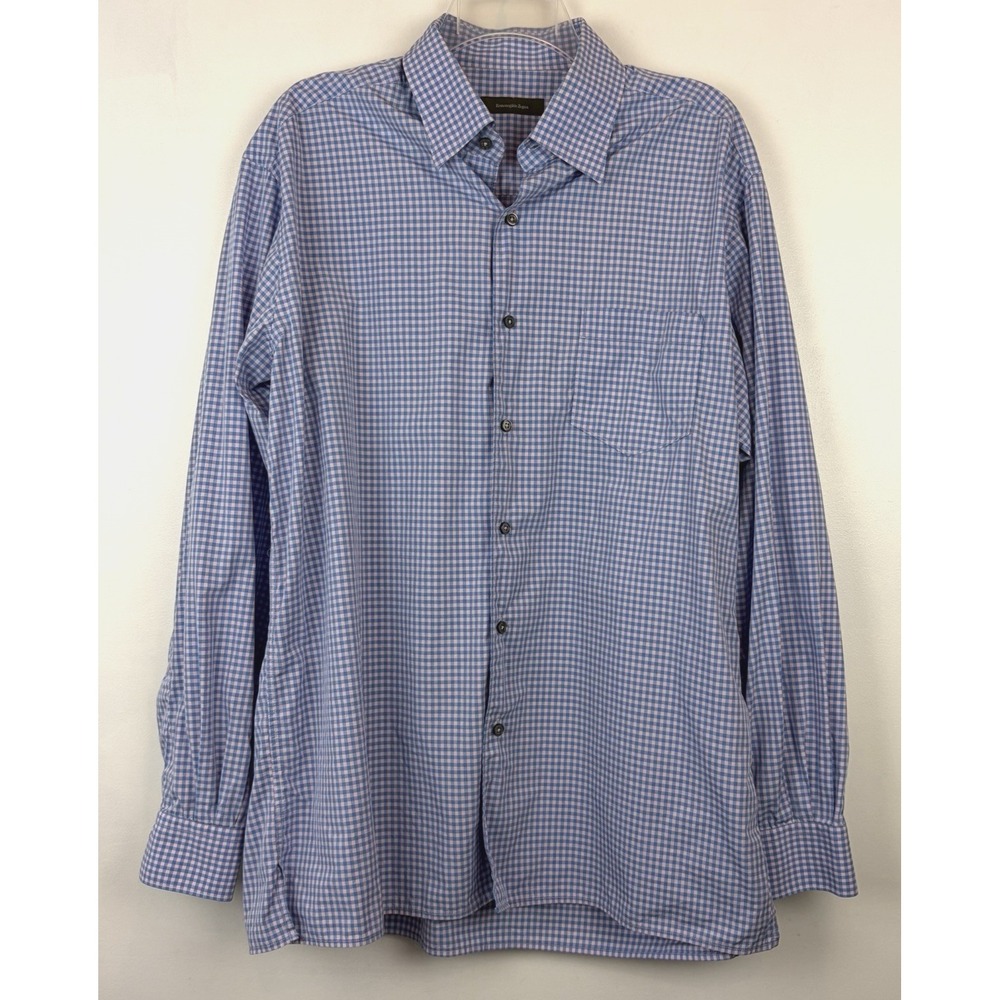 Ermenegildo Zegna Shirt Mens Medium Blue Pink Check Button Down Long Sleeve Read